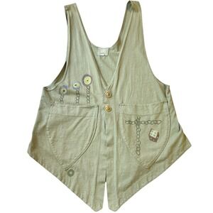 Blue Fish Art to Wear Vest Hand Painted Sage Green Cotton USA Boho Lagenlook‎ M